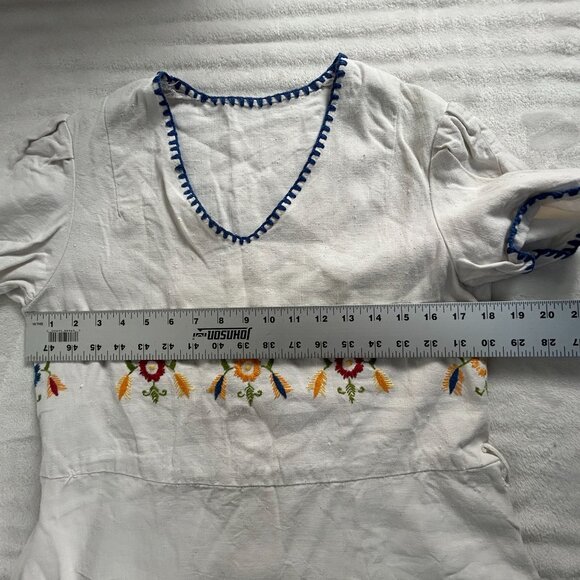 Vintage Womens White Embroidered Floral Cotton Dress V-Neck Short Sleeve - Picture 4 of 10